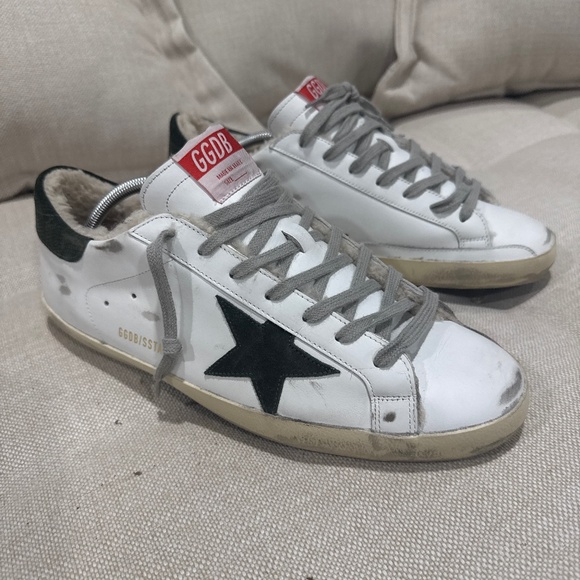 Golden Goose Shearling Sneakers in white leather with green suede star. EU45 - Picture 1 of 4